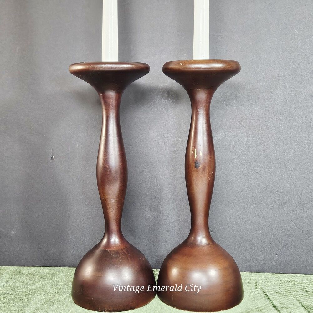 Vtg Tall Candle Holders Turned Dark Wood Set of 2 Felted Base Bohemia Candelabra - Picture 7 of 12